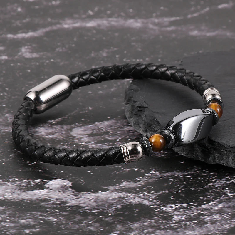 Bracelet en Cuir Tressé & Hématite