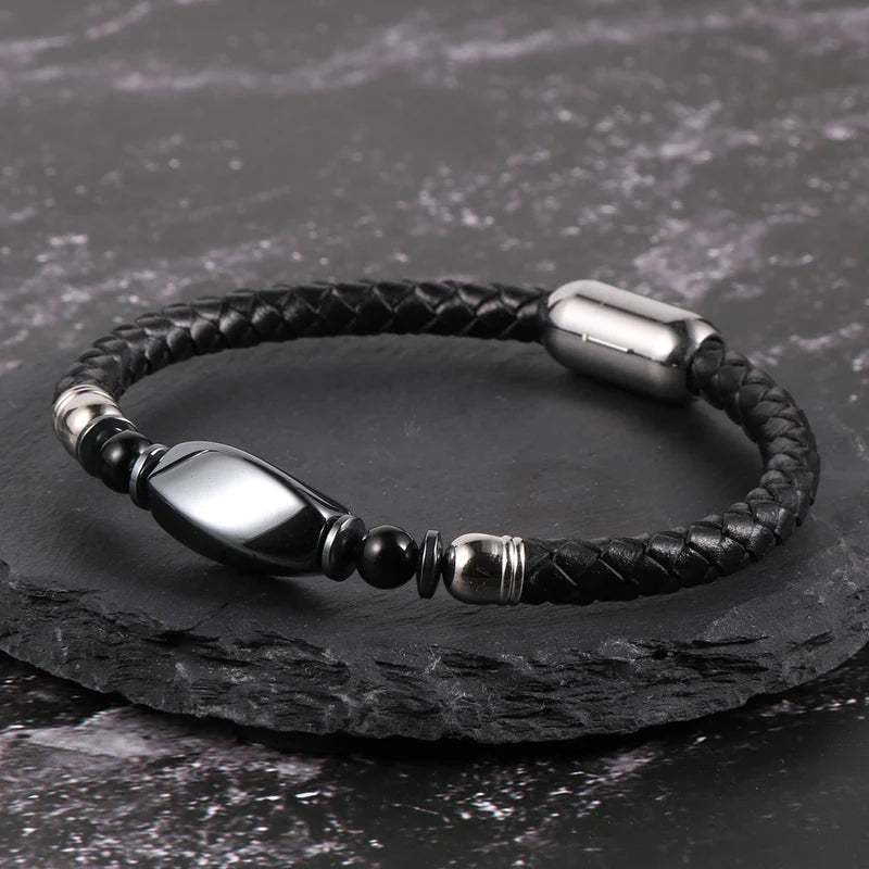 Bracelet en Cuir Tressé & Hématite