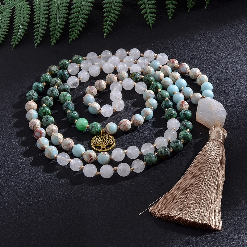 Collier Mala Premium "Sagesse" en Turquoise Africaine, Jaspe Impérial & Jade Blanc