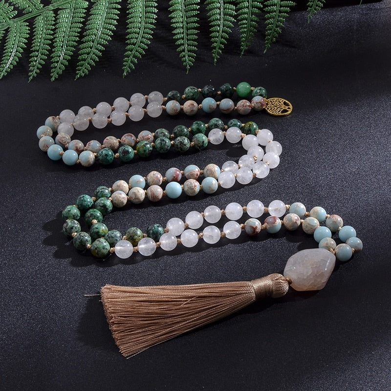 Collier Mala Premium "Sagesse" en Turquoise Africaine, Jaspe Impérial & Jade Blanc