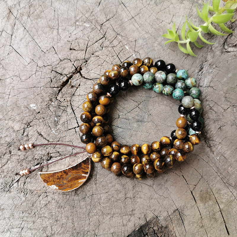 Collier Mala "Lune Protectrice" en Turquoise Africaine, Onyx & Oeil de Tigre