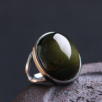 Bague en Obsidienne "Guérison de L'Âme" en Obsidienne Œil Céleste & Argent