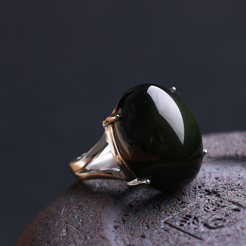 Bague en Obsidienne "Guérison de L'Âme" en Obsidienne Œil Céleste & Argent