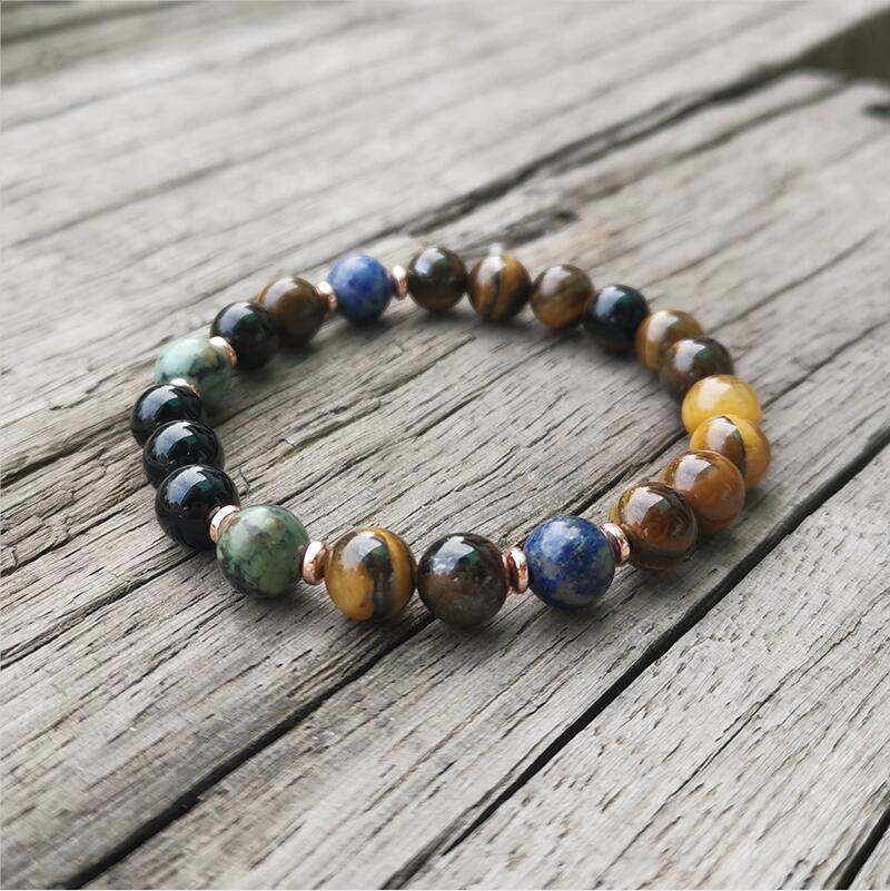 Bracelet "Demi-Lune Bienfaisante" en Oeil de Tigre, Turquoise Africaine & Lapis Lazuli