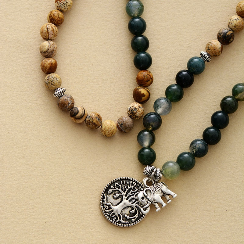 Bracelet Mala "Gaia" en Agate Mousse & Jaspe Paysage