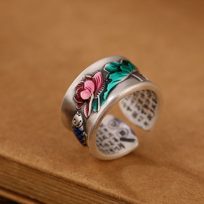 Bagues bouddhistes anneaux ouverts sutra en argent Sterling