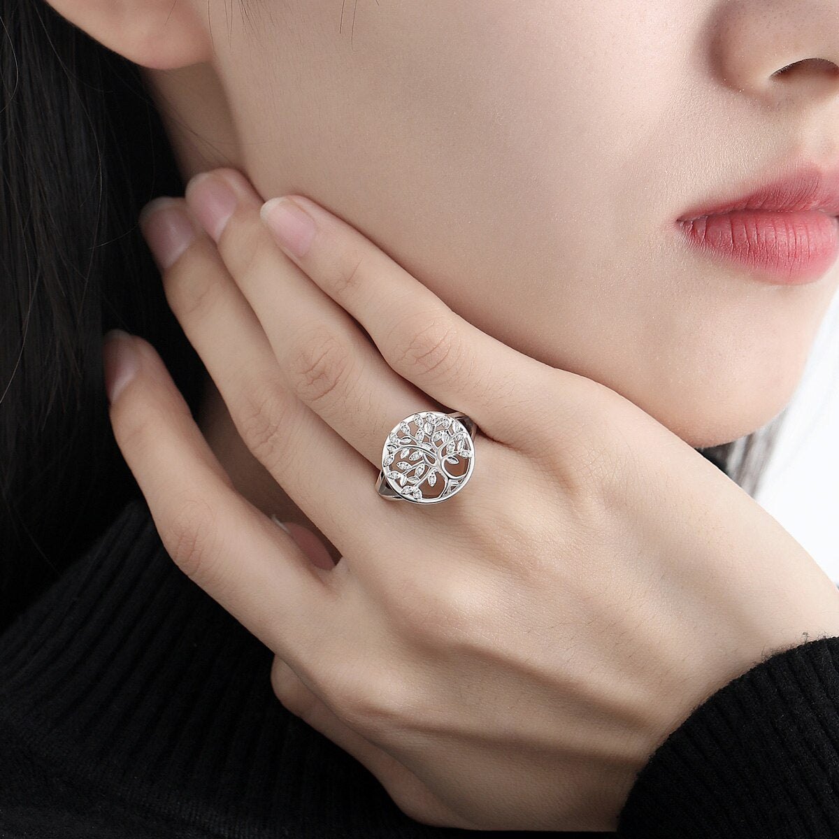 Bague Ajustable "Arbre de Vie Étincelant" en Argent