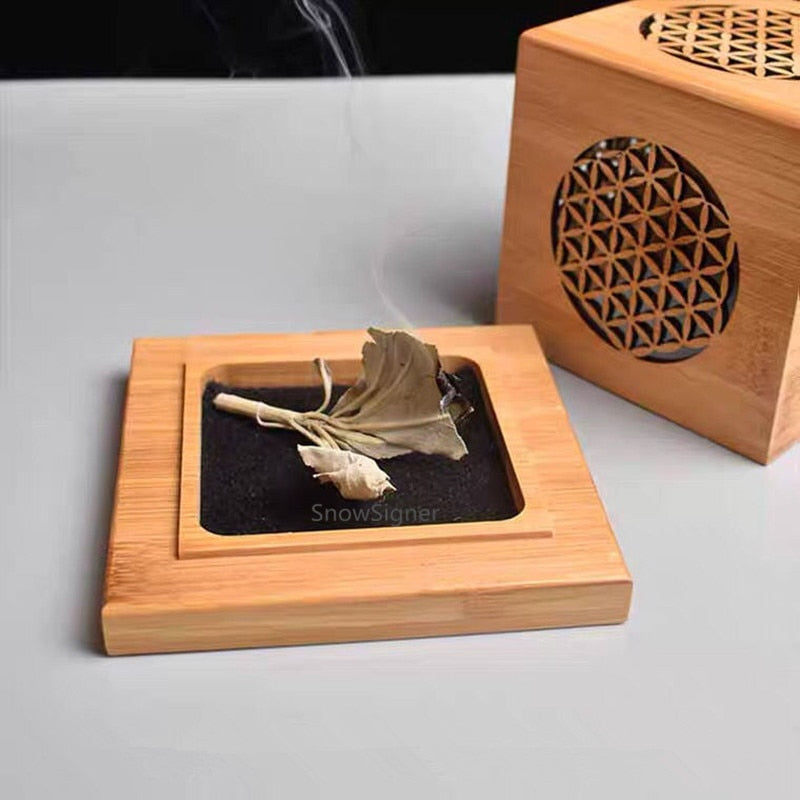 Brûleur d'Encens Cube Fleur de Vie en Bois Naturel