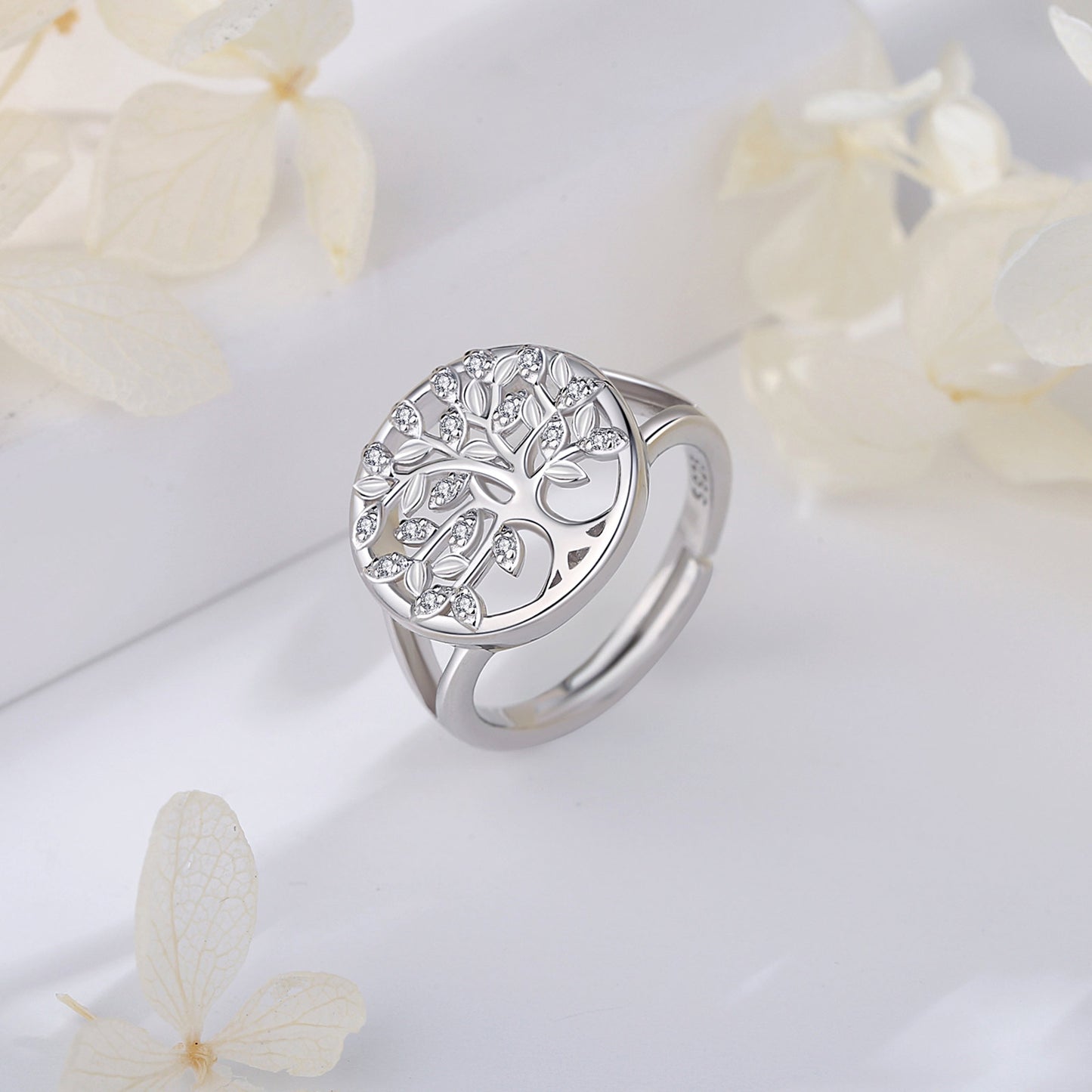 Bague Ajustable "Arbre de Vie Étincelant" en Argent
