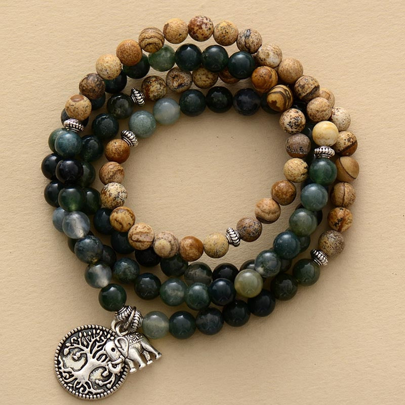 Bracelet Mala "Gaia" en Agate Mousse & Jaspe Paysage