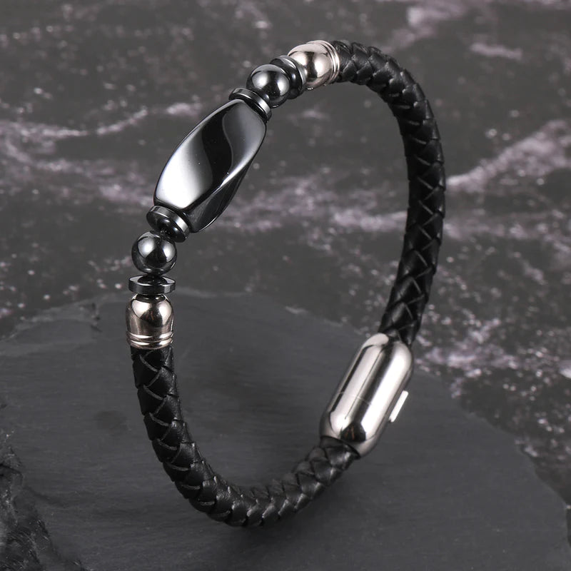 Bracelet en Cuir Tressé & Hématite