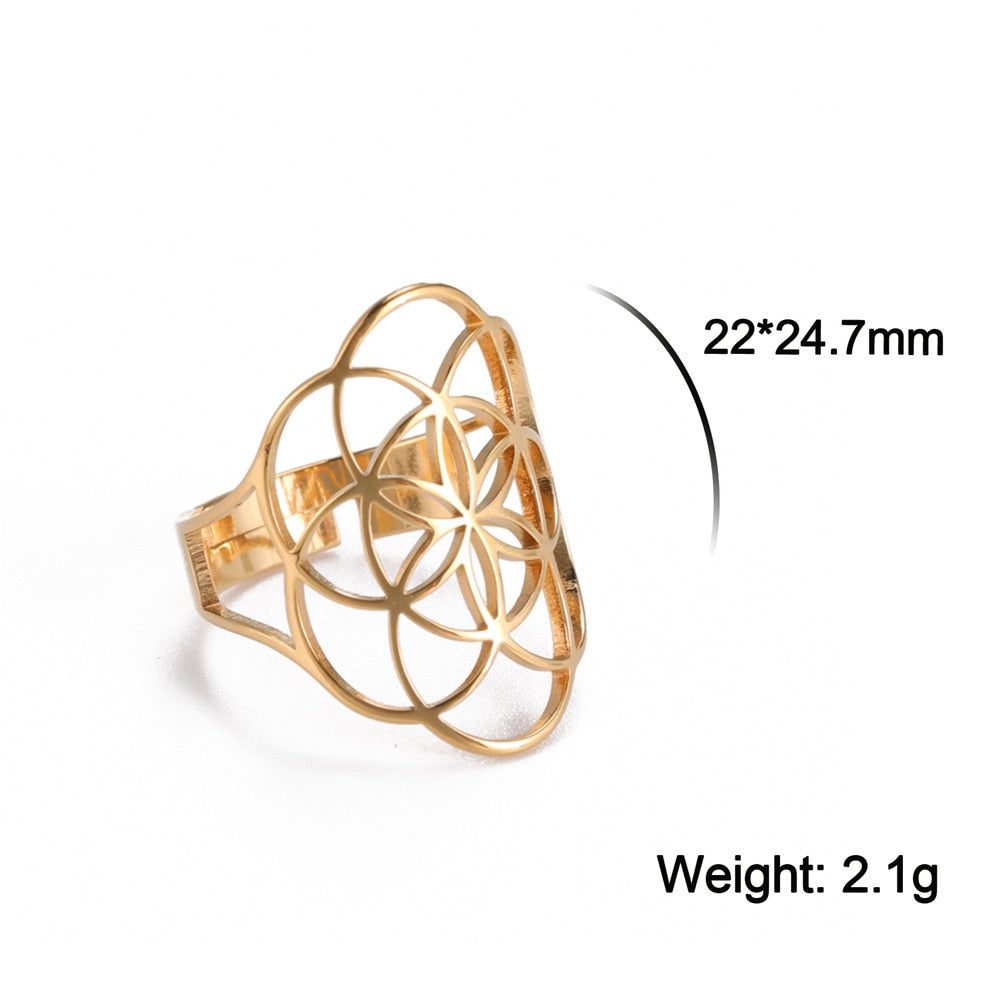 Skyrim Viking Flower of Life Ring Vintage Adjustable Stainless Steel Geometric Rings for Women Amulet Jewelry Gifts Wholesale