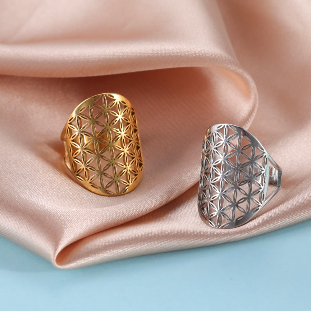 Skyrim Viking Flower of Life Ring Vintage Adjustable Stainless Steel Geometric Rings for Women Amulet Jewelry Gifts Wholesale