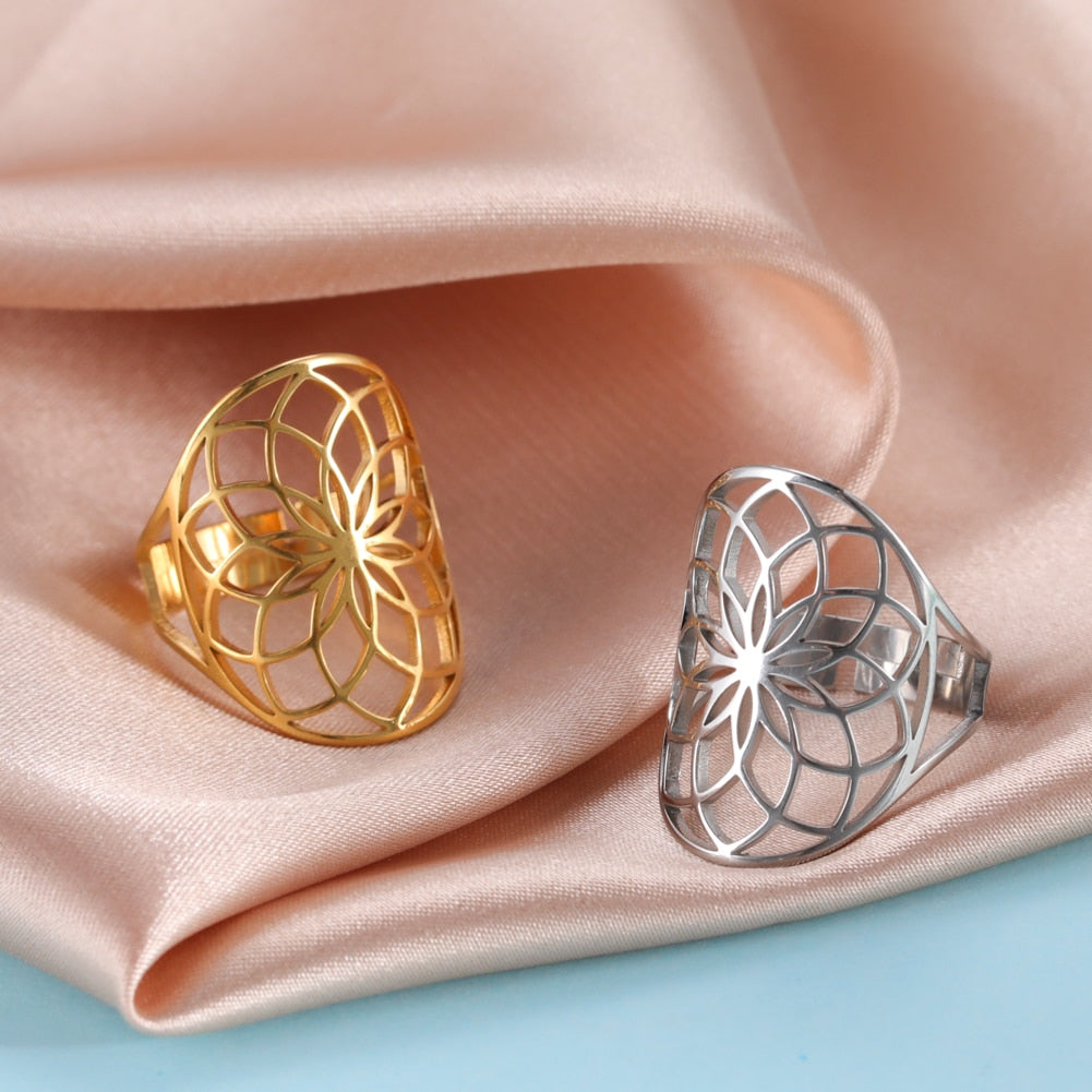 Skyrim Viking Flower of Life Ring Vintage Adjustable Stainless Steel Geometric Rings for Women Amulet Jewelry Gifts Wholesale