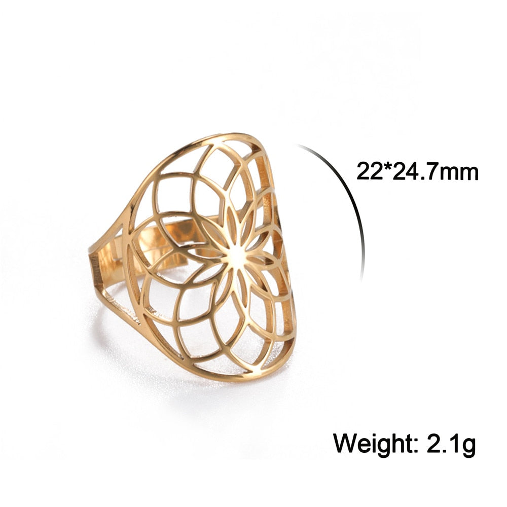 Skyrim Viking Flower of Life Ring Vintage Adjustable Stainless Steel Geometric Rings for Women Amulet Jewelry Gifts Wholesale