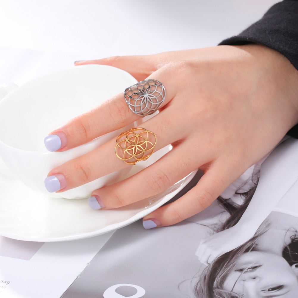 Skyrim Viking Flower of Life Ring Vintage Adjustable Stainless Steel Geometric Rings for Women Amulet Jewelry Gifts Wholesale