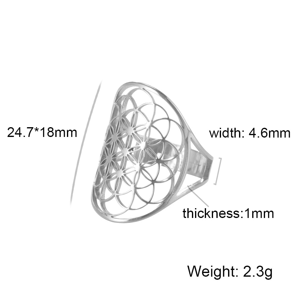 Skyrim Viking Flower of Life Ring Vintage Adjustable Stainless Steel Geometric Rings for Women Amulet Jewelry Gifts Wholesale