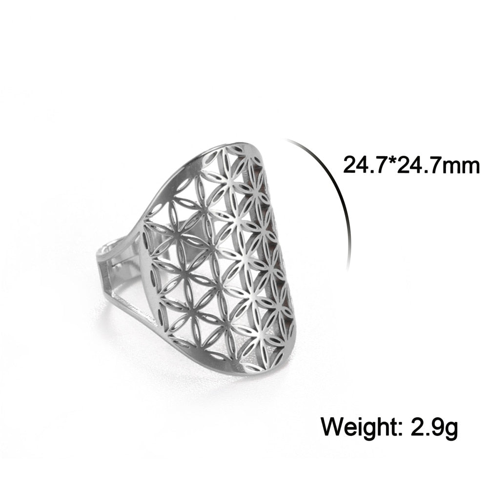 Skyrim Viking Flower of Life Ring Vintage Adjustable Stainless Steel Geometric Rings for Women Amulet Jewelry Gifts Wholesale