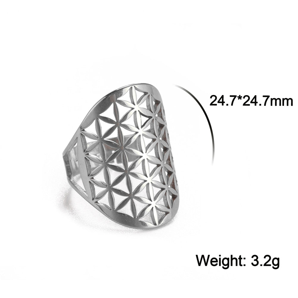 Skyrim Viking Flower of Life Ring Vintage Adjustable Stainless Steel Geometric Rings for Women Amulet Jewelry Gifts Wholesale