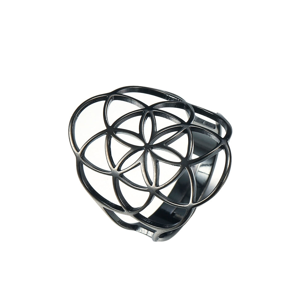 Skyrim Viking Flower of Life Ring Vintage Adjustable Stainless Steel Geometric Rings for Women Amulet Jewelry Gifts Wholesale