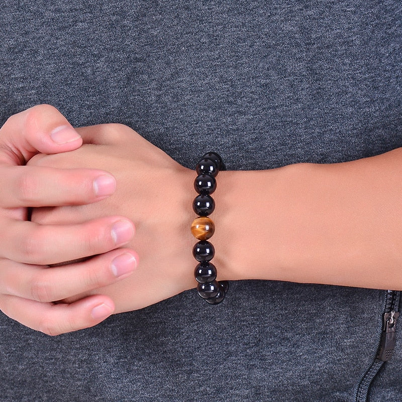 Bracelet Onyx avec  de perle en oeil de tigre, bracelet d'équilibre énergie