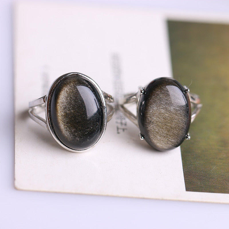 Bague Ajustable "Aura" en Obsidienne Dorée