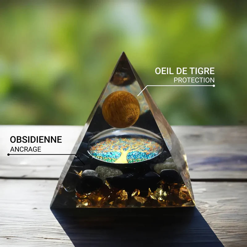 Organite "Arbre de Vie Renaissant" en Oeil de Tigre & Obsidienne