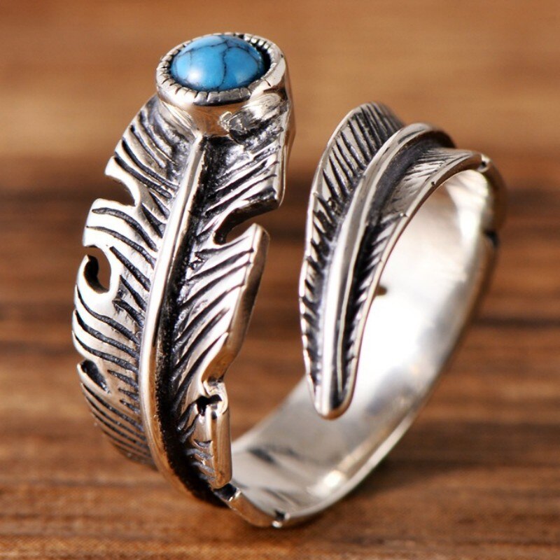 Bague plume en argent Sterling 925 véritable et turquoise