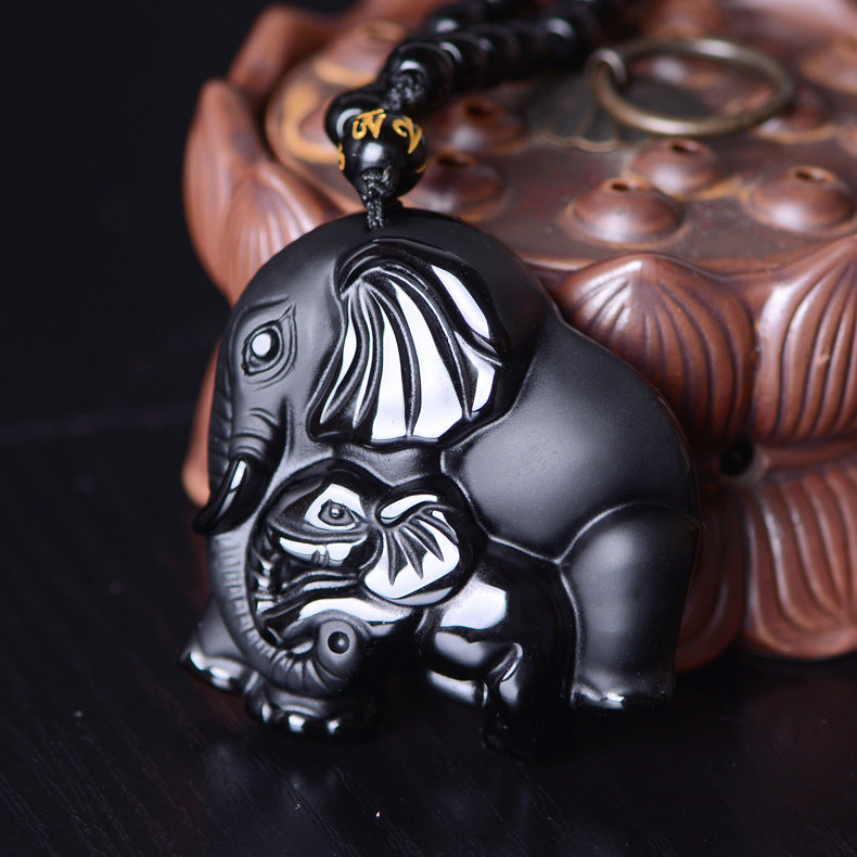 Collier pendentif éléphants en obsidienne