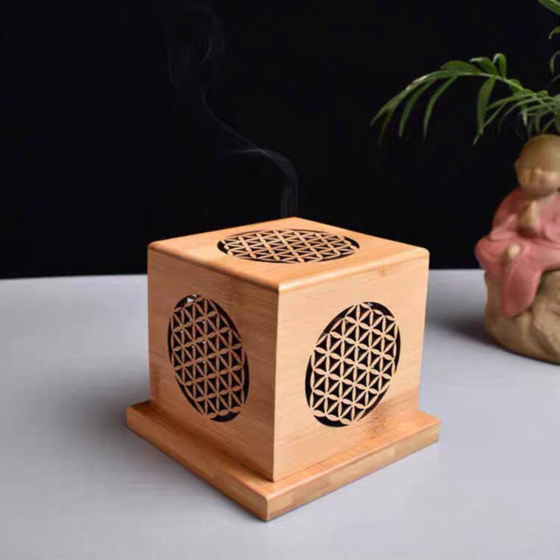 Brûleur d'Encens Cube Fleur de Vie en Bois Naturel