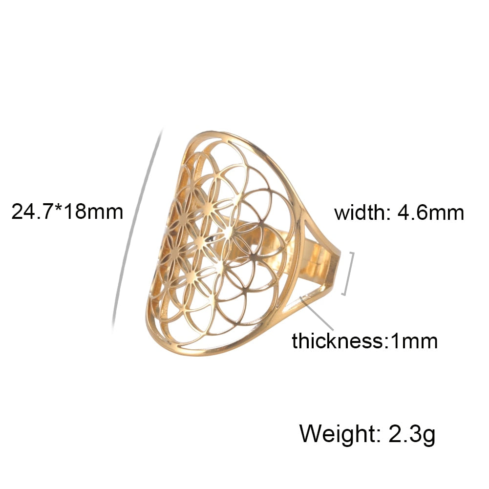 Skyrim Viking Flower of Life Ring Vintage Adjustable Stainless Steel Geometric Rings for Women Amulet Jewelry Gifts Wholesale